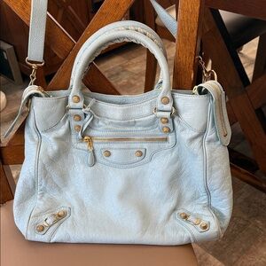Balenciaga Bleu Dragee Velo Bag. Lambskin Giant Gold Hardware